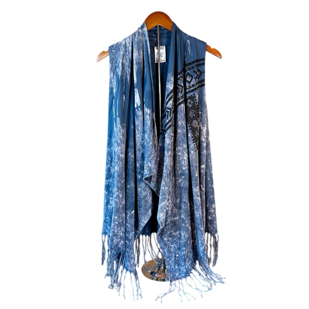 Vocal Vest Fringed Rhinestone Studded Cross Blue TieDye 100% Cotton Size Medium